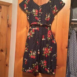 100% Silk Juicy Couture Retro Navy Dress Vintage Style Short Sleeve Cottagecore